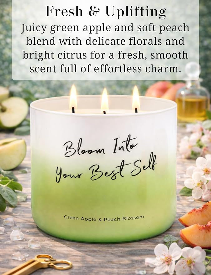Green Apple Peach Blossom Scented Soy Candle | Large 3 Wick Candle for Home, 15.8 oz | Fresh Fruity Aromatherapy Candle | Birthday, Graduation & Self-Care Gifts for Women | Candles for Women & Men