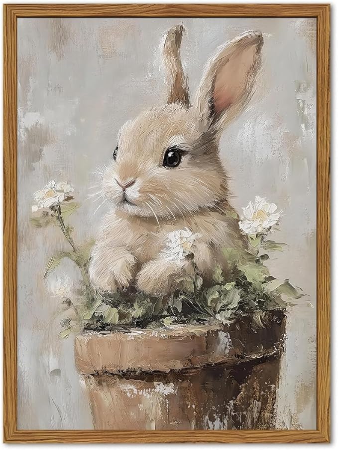Framed Vintage Easter Bunny Wall Art, Cute Cottagecore Rabbit Floral Pictures Wall Decor, Spring Farmhouse Animal Paintings Prints Rustic Home Decor for Living Room Bedroom Nursery 8x10 inch