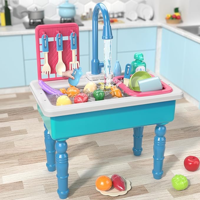 Play Kitchen Sink Toys, Blue Electric Dishwasher Playing Toy with Running Water, Play Food & Tableware Accessories, Kitchen Set Toys, Role Play Sink Set for Toddlers Kids Boys Girls