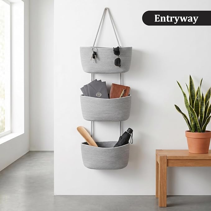 TeoKJ Over the Door Hanging Basket, 3-Tier Woven Cotton Wall-Mounted Storage Organizer Bag Decorative Hanging Nursery Baskets, Gray