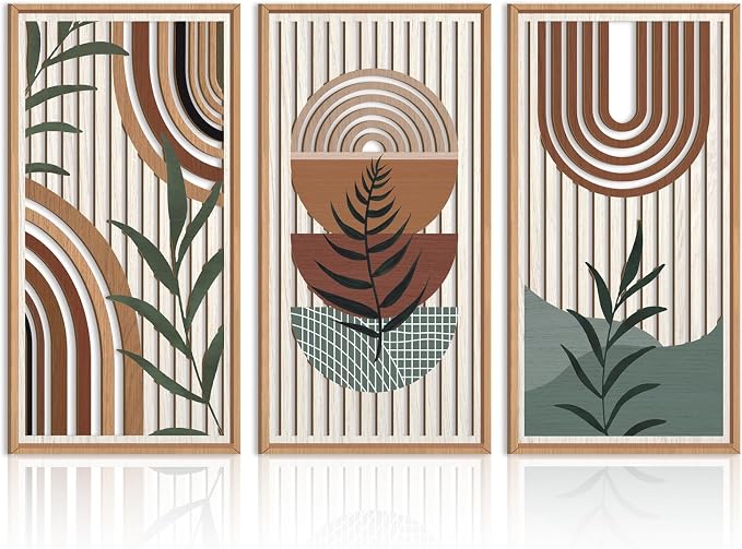 IARTTOP Framed Boho Mid-Century Modern Wood Wall Art 16x32 Inch Large Bohemian Abstract Geometric Wooden Wall Decor Minimalist Brown Green Plant Decor for Bedroom Living Room Dining Room Set of 3