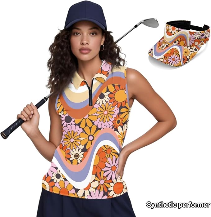 POLERO Golf Tank Top Women Golf Shirts and Visor Hat Collared Racerback Tennis Shirt Set Quarter Zip