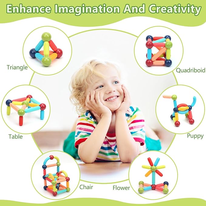 COUOMOXA Magnetic Building Blocks for Kids: Magnetic Stick Montessori Game for 3 4 5 Years Old Toddlers - STEM Starter Toy for Kids Age 3-5 Preschool - Birthday Gift for Boys Girls