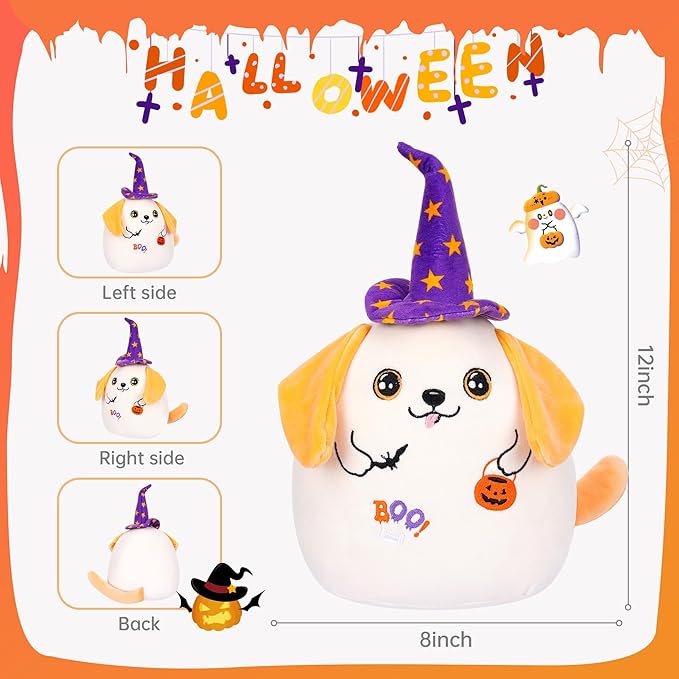 Halloween Dog Plush Stuffed Animal - Kids’ Plush Toy Pillow Witch Hat Pumpkin Lantern Bat Trick or Treat 12 Inch