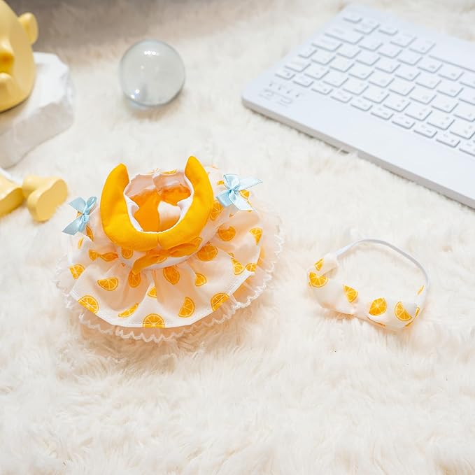 Clothes for Labubu Doll,6.7 Inch Doll Clothing Set - 2 Pieces Handmade Clothes and Accessories for 17cm Plush Toy - Orange Print Princess Dress + Bow Headdress