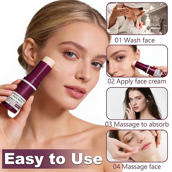 KUNAL 2pcs Calcium Multi Balm Stick with Facial Roller Set,Calcium Volume Multi Balm,Wrinkle Core Stick, Korean Collagen Moisturing,Hydrating, Firming Skin, Suitable for Eyes, Neck, Face