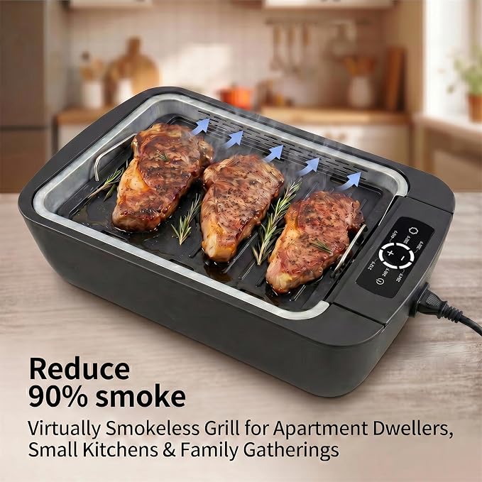 Indoor Smokeless Grill & Griddle 1100W Electric Gill Korean BBQ Smoke Control with Fan Temperature Control Non-Stick Plate with Drain Holes Easy to Clear for Apt Dorm Portable Tabletop 5-Serving