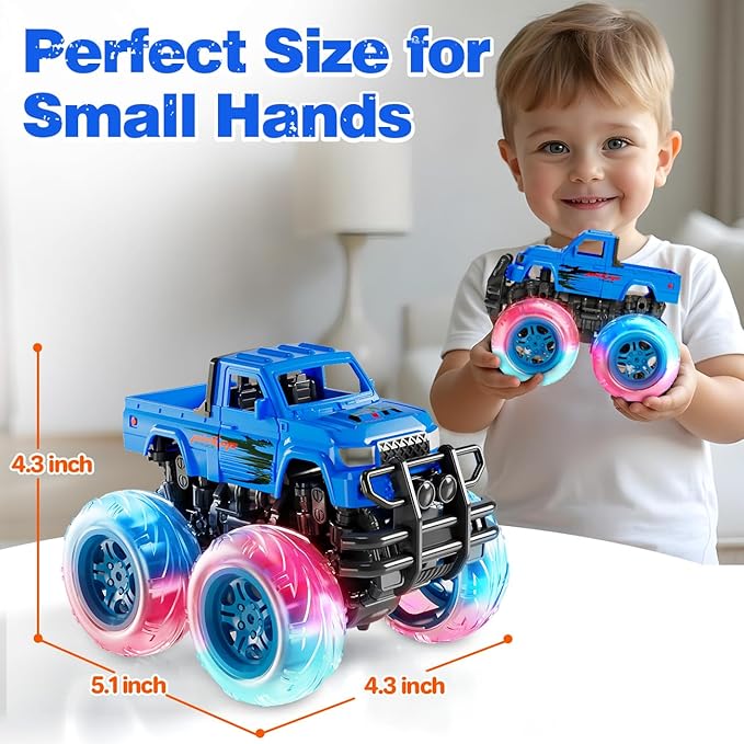 LODBY Monster Trucks Toys for Toddlers, Light-Up Trucks & Cars Toys for 2 3 4 5 6 Year Old Boy Christmas Birthday Gifts, Kids Push and Go Cars with Flashing Wheels (2 Pack)