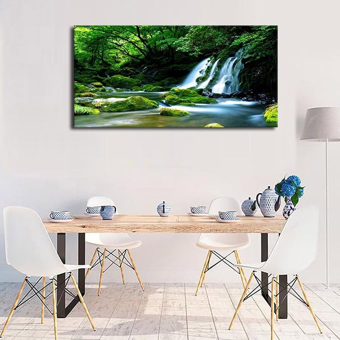 arteWOODS Waterfall Canvas Wall Art Living Room Decoration Large Nature Picture Artwork Modern Landscape Painting Green Forest Prints for Kitchen Office Wall Decor Home Decorations 29" x 58"