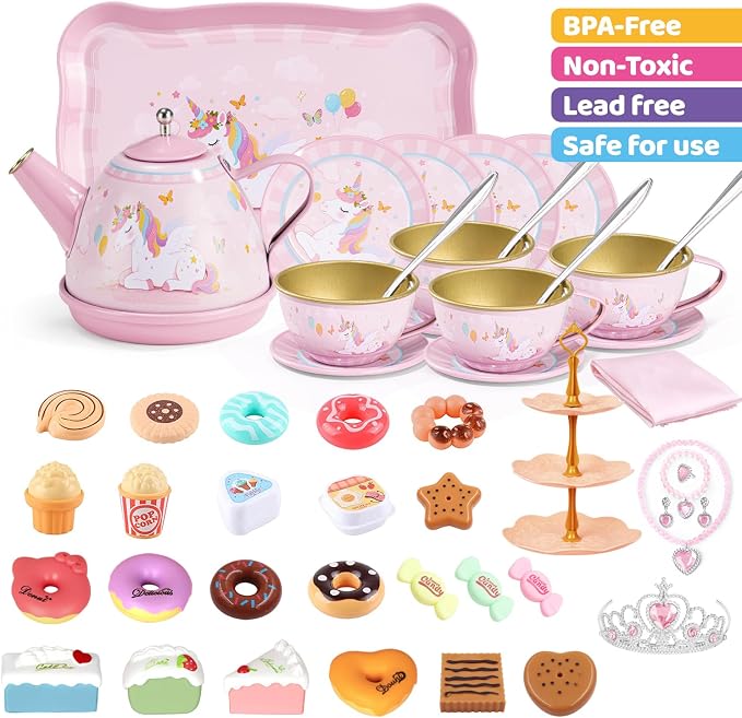 Tea Party Set for Little Girls, 49PCS Princess Tea Time Toys Including Tea Set Dessert Carrying Case, Toddler Girl Toys Kids Kitchen Pretend Playset, 3 - 8 Year Old Girl Birthday Children's Day Gifts