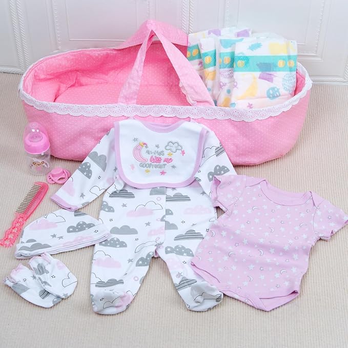 PEDOLLTREE 13 Pcs Reborn Baby Dolls Clothes Girl Accessories Outfit with Pink Dot Bassinet and Diapers Set for 17-22 Inch Reborn Dolls Newborn Baby Girl