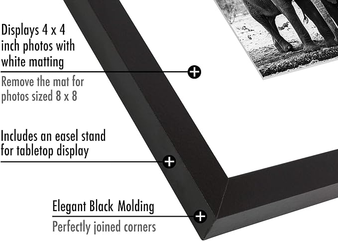 Americanflat 8x8 Picture Frame with Shatter-Resistant Glass - Use as 4x4 Frame with Mat or Display 8x8 Photo Without Mat - Signature Collection - Square Frames for Tabletop and Wall Display - Black | Shatter-resistant glass, wall or tabletop display wi...