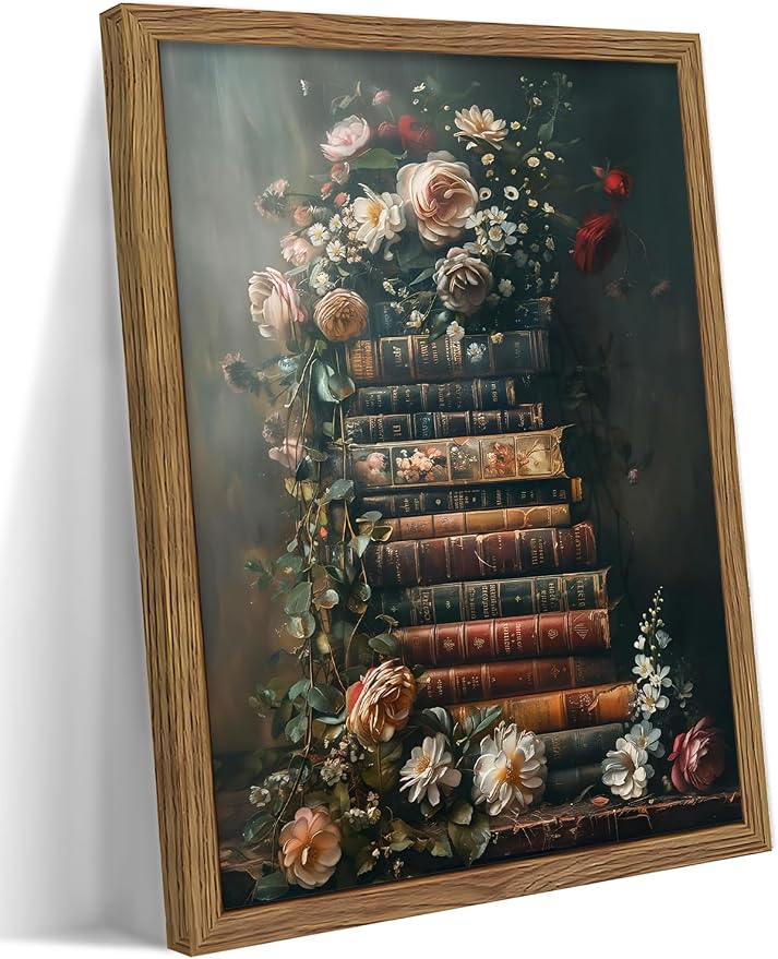 Vintage Framed Wall Art Flowers Books Canvas Prints, Dark Academia Wildflowers Oil Painting, Botanical Book Pictures Artwork for Living Room Bedroom Study – Dark Wooden Frame 16x24in