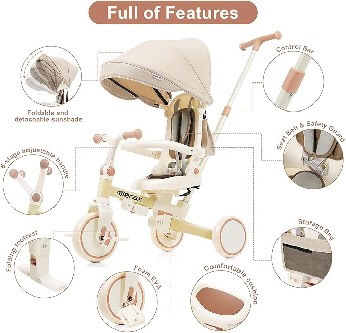 7 in 1 Baby Tricycle Stroller for Toddlers Ages 1Y-6Y Handle Rotatable Seat Retractable Canopy