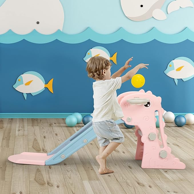Nyeekoy 3 in 1 Toddler Slide, Kids Slide Climber Playset with Basketball Hoop, Indoor and Outdoor Playground for Kids, Folding Design Freestanding Baby Slide, Easy Assembly