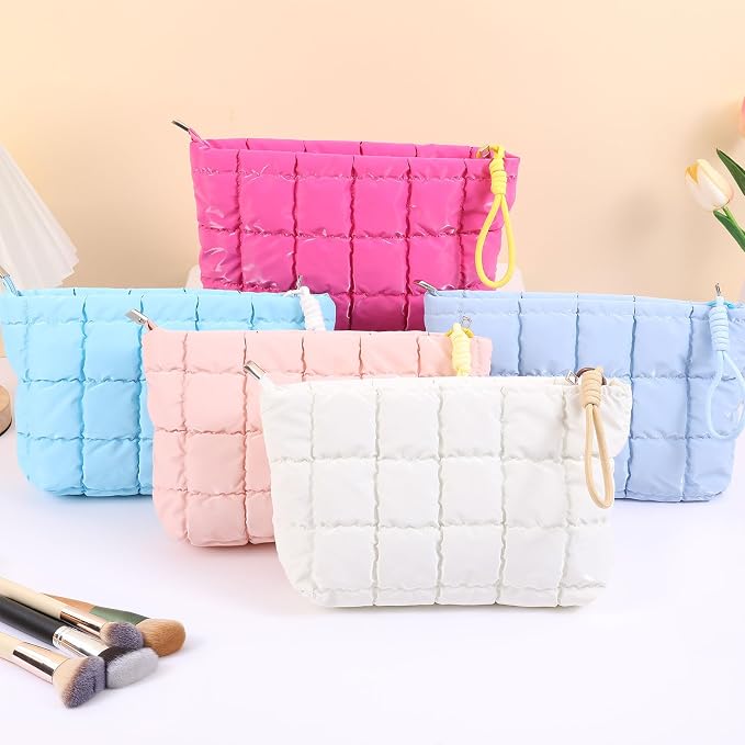 Puffer Quilted Makeup Bag Travel Cosmetic Bag Portable Puffy Checkered Toiletry Pouch Skincare Organizer Purse Pencil Case (Champagne Gold)