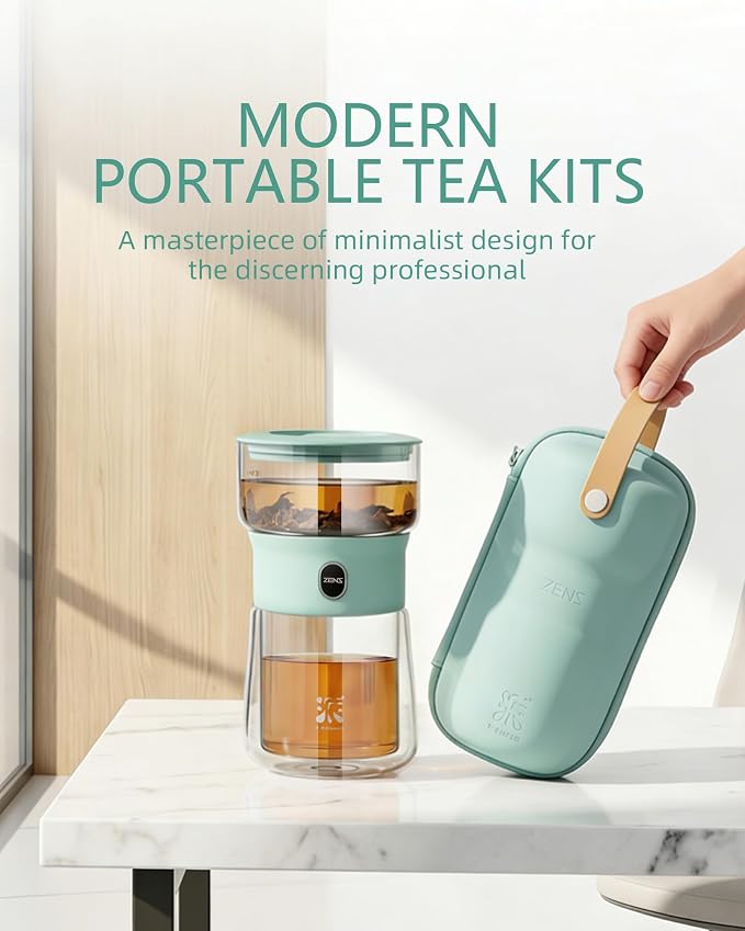ZENS Modern Glass infuser Teapot, Small One Touch Tea Maker for Loose Tea Diffusers with 200ml Insulated Cup and Blue Portable Carry Case, Magic Gongfu Tea Pot for Tea Lovers Gifts