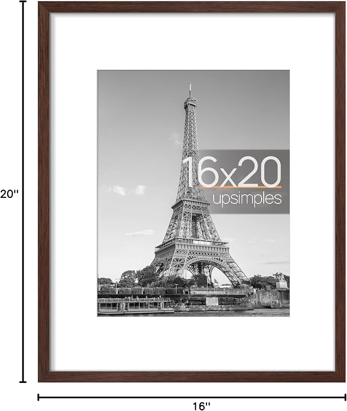 upsimples 16x20 Picture Frame, Display Pictures 11x14 with Mat or 16 x 20 Without, Wall Hanging Poster Frame, Brown, 1 Pack