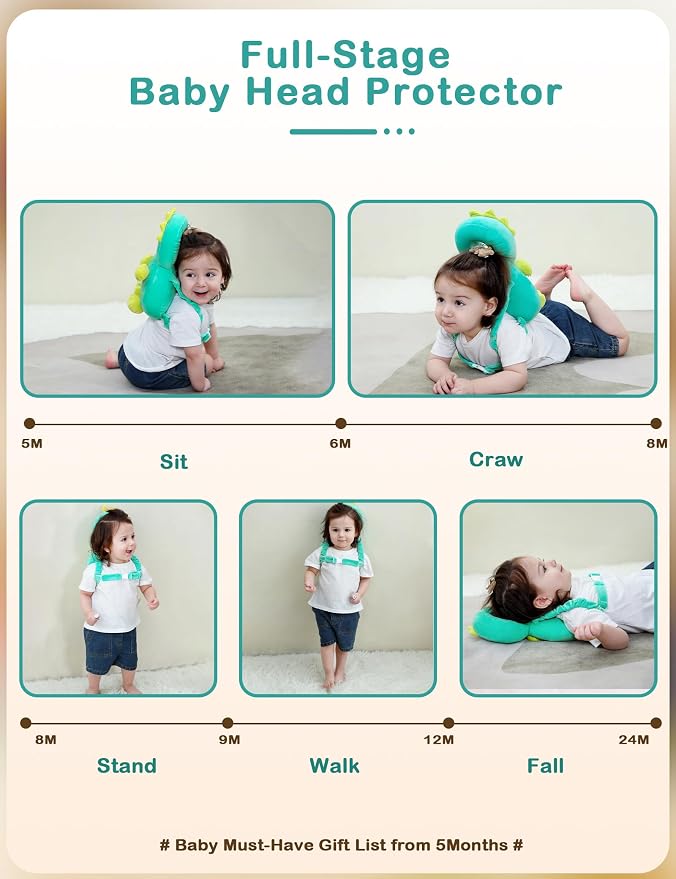 JunNeng Baby Head Protector Backpack,Toddler Walker Fall Head Protection,Green Dinosaur B