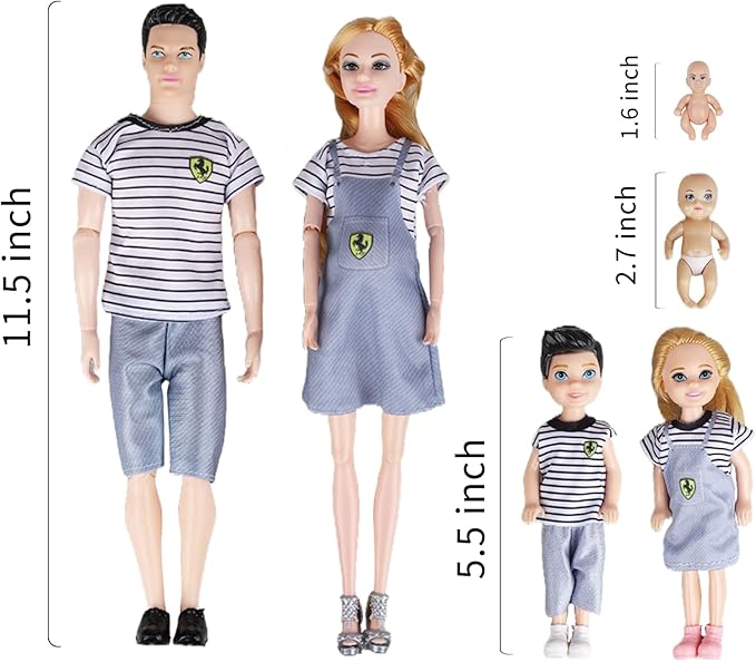 Dolls Set of 6 People with Pregnant Mom Dad 3 Kids and Baby Boy in Mommy's Tummy, Doll Playsets and Accessories for 3-12 Years Old Toddlers Gift