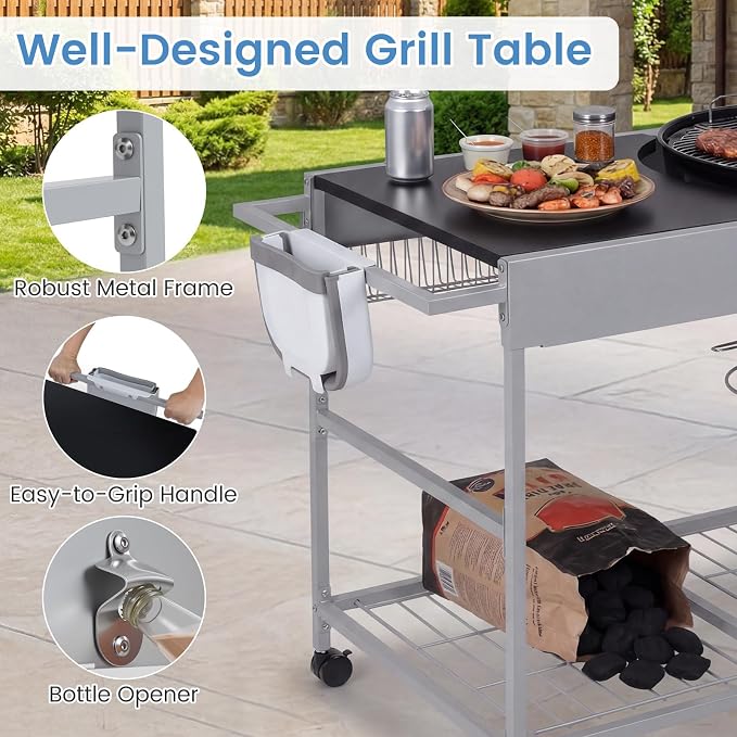 HAPPYGRILL Outdoor Grill Table w/Storage for 18”& 22” Weber Original Kettle | Movable BBQ Grill Cart with Wire Rack, Seasoning Rack & Garbage Can, Prep Kitchen Island for Backyard Camping Picnic