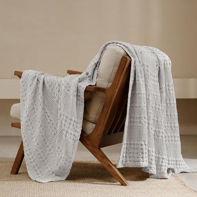 PHF 100% Cotton Waffle Weave Throw Blanket, Lightweight Breathable Summer Blanket for Couch Sofa, Pre-Washed Soft Throws for Bed, Office, Travel & Stylish Home Decor, 50"x60", Light Grey