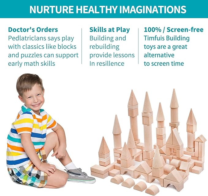 Kids Wooden Blocks - 100 Pcs - Building Blocks for Toddlers - Natural Beech Wood Blocks - Preschool Learning Toys Stacking Block