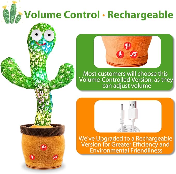 Rechargeable Dancing Talking Cactus Plush Toy for Kids - Volume Adjustable Mimicking and Singing Cactus with Music & Light - Funny Birthday Gifts for Years Old Boy Girl