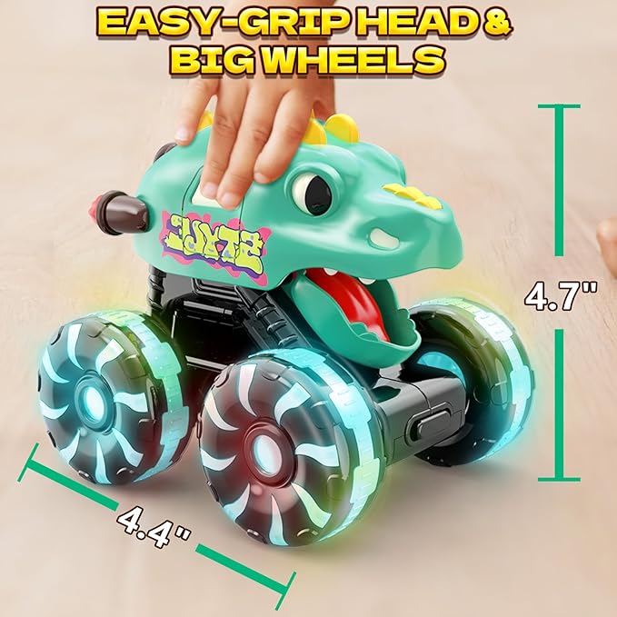 Green Dino Monster Truck – LED Light-Up Press and Go Toy Car for Toddlers Age 2 3 4 5 – Dinosaur Truck with Flashing Wheels and Chomping Mouth for Boys and Girls