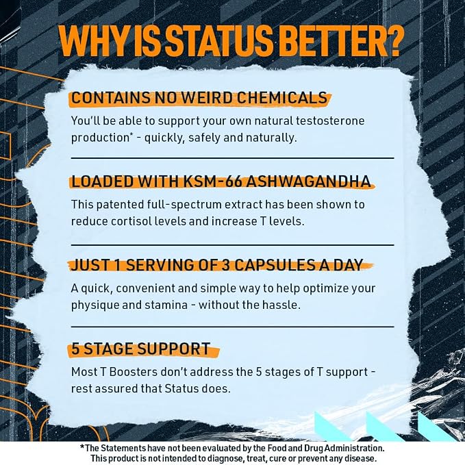 Blue Star Nutraceuticals Status - Testosterone Booster for Men - w/KSM 66 Ashwagandha - Invigorate Stamina, Muscle Growth & Energy | Natural Test Booster Support - 90 Veggie Capsules