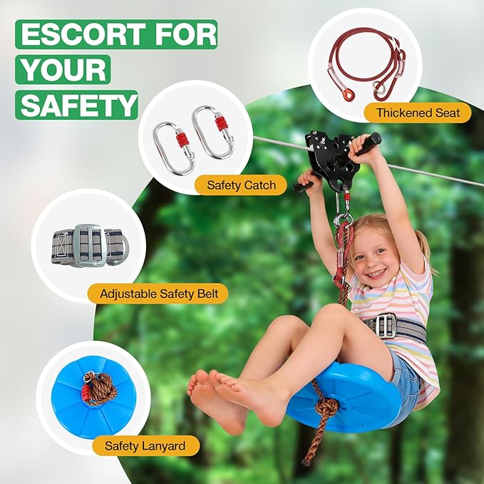 FAHKNS 100FT Zip Line Kit for Kids Adults: Up to 400LBS Quick Tighten Zipline for Backyard with Rust Proof Removable Trolley,Spring Brake,Height Adjustable Seat,Outdoor Kids Play Equipment