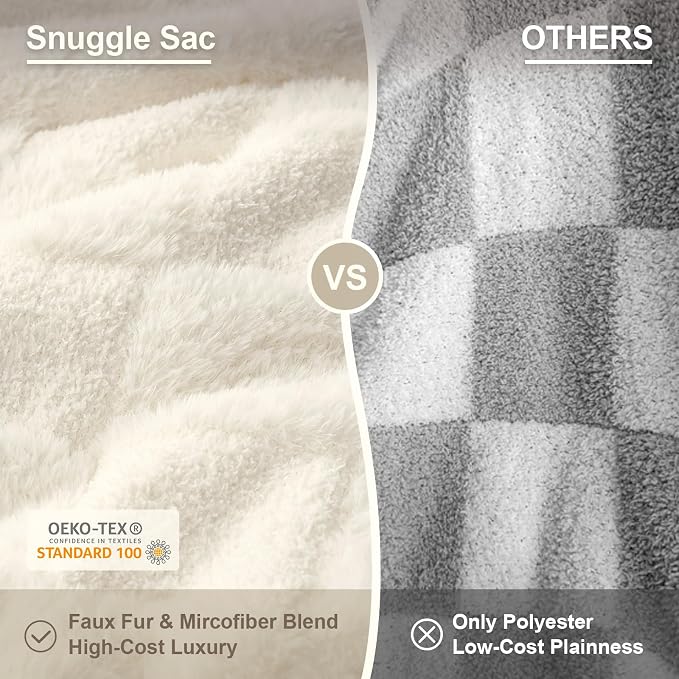 Snuggle Sac Checkered Throw Blanket Faux Fur Microfiber Blankets for Couch,Cozy Soft Warm Blanket for Sofa Bedroom Living Room,Solid Ivory,50x60 inches