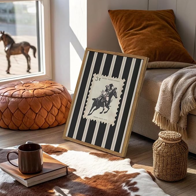 Vintage Western Cowboy Wall Art Black and White Striped Cowboy Riding Horse Wall Decor Paintings Mid Century Rodeo Southwestern Poster Canvas Print for Bedroom Living Room 12x16 inch Wood Framed