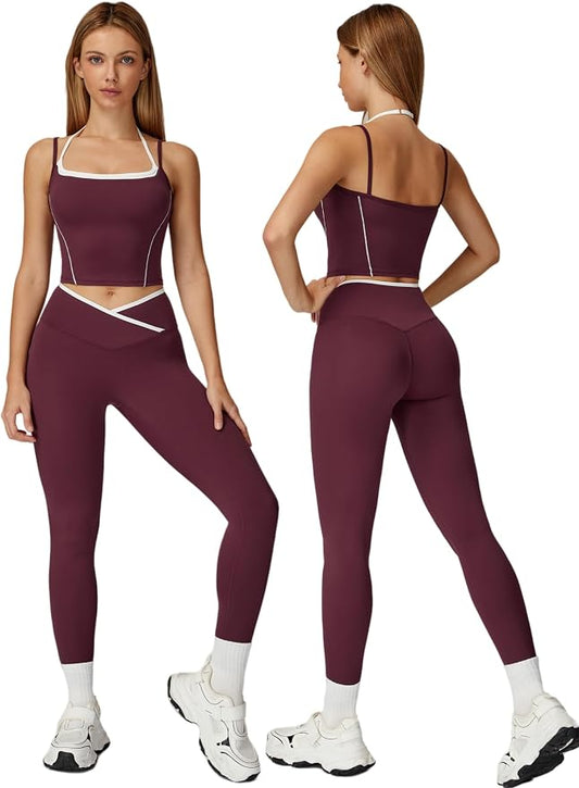 ABOCIW Workout Sets for Women 2 Piece Color Block Strappy Sports Bra High Waist Shorts Gym Yoga Pilates Outfits