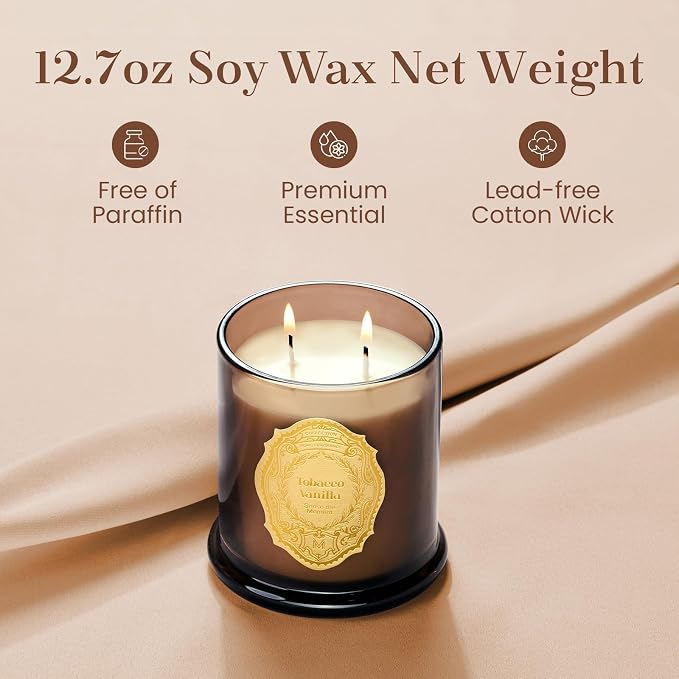 M&SENSE Tobacco Vanilla Candles for Home Scented, 2 Wick 12.7oz Soy Wax Candles 70 Hours Long Burning,Non Toxic Candles Gift for Stress Relief, Meditation, Yoga