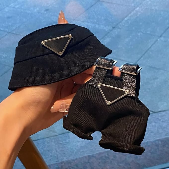 Clothes for 17cm Dolls(NO Doll)，Premium Handmade Clothes，Adjustable Kawaii Outfits for Clothes Set，Dolls Keychain Accessories，Bucket Hat+Overalls (Black)