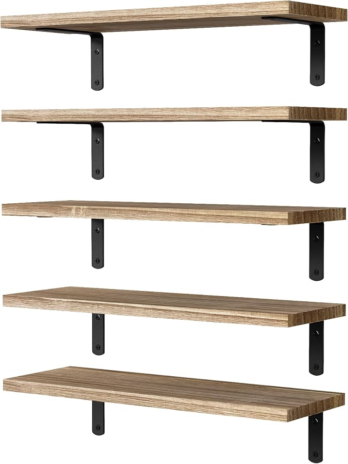 DOLLFIO Floating Shelves, 5 Sets Wall Shelves, Wood Floating Shelves for Bedroom Wall Décor, Wall Mounted Floating Bathroom Shelf for Storage, Floating Book Shelf, Living Room – Rustic Brown