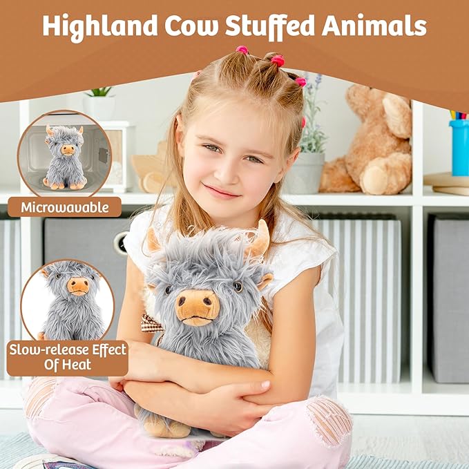 MARYSUN Highland Cow Stuffed Animal Toy, Gray Microwavable Highland Cow Gift for Girls and Kids
