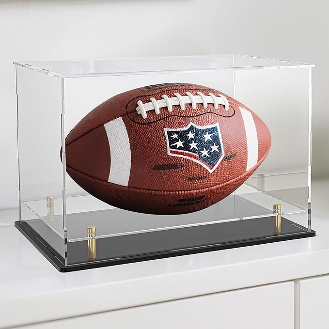 Acrylic Display Case with Floating Shelf & Thick Base – UV-Protected Acrylic Box Collectible Showcase for Rugby Football Mini Helmet and Memorabilia (12" Lx8 Wx9.6 H)