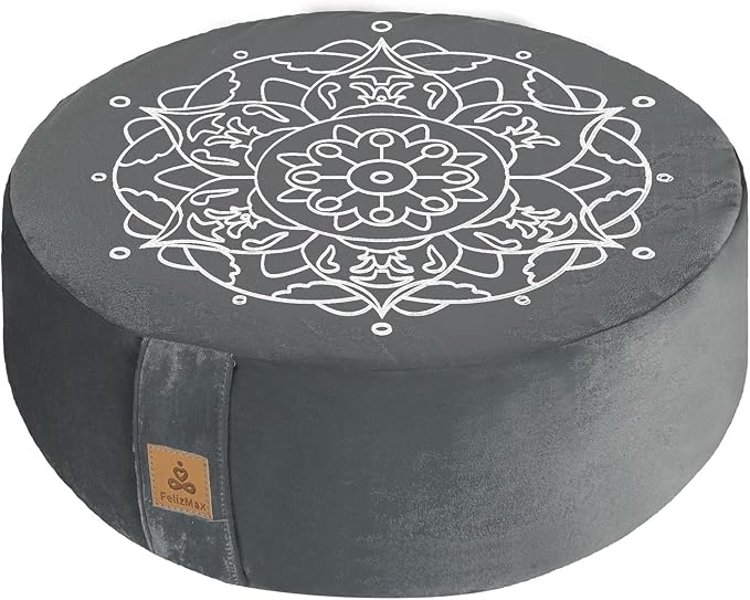 Embroidered Meditation Pillow D=16" H=5.5" Round Velvet Meditation Cushion Yoga Bolster Floor Pouf Zafu Natural Buckwheat hulls Sitting on Floor Removable Organic Cotton Cover Large Kneeling Pillow