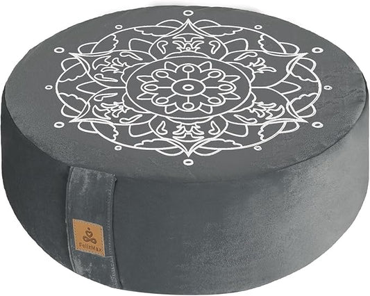 Embroidered Meditation Pillow D=16" H=5.5" Round Velvet Meditation Cushion Yoga Bolster Floor Pouf Zafu Natural Buckwheat hulls Sitting on Floor Removable Organic Cotton Cover Large Kneeling Pillow
