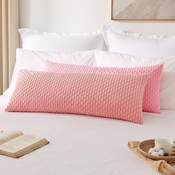 Kevin Textile Soft Corduroy 14"x36" Lumbar Pillow Cover 1 Pack, Pink | Boho Stripe Plush Corduroy Decorative Oblong Cushion Cover Modern Farmhouse Home Decor for Sofa Couch Bed Chair