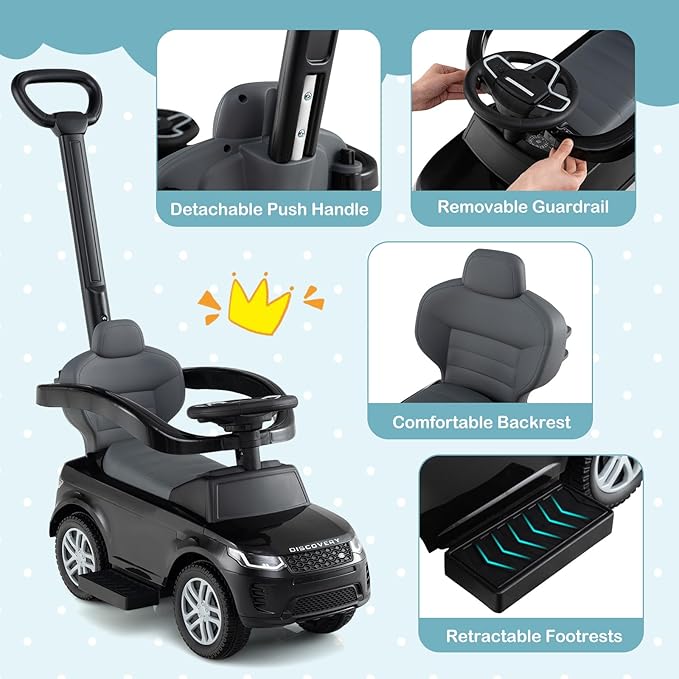 Costzon Push Car for Toddlers, 3 in 1 Land Rover Discovery Stroller Sliding Walking Car with Handle, Horn Sound, Underneath Storage, Armrest Guardrail, Foot-to-Floor Ride On Toy for Boys Girls (Black)