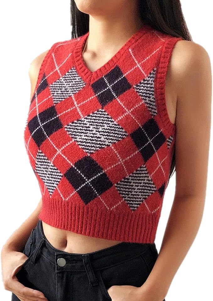 Women's Sweater Vest,Y2K Sleeveless Pattern Preppy Style Knitted Crop Tank Top for Girl