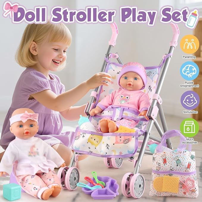 Baby Doll with Stroller Set for Realistic Pretend Play for 3 4 5 6 7 Year Old Toddler Girls Gifts. Baby Stroller Toys includes 12.5-inch Baby Dolls, 2 sets Doll clothes and 17 PCS Doll Accessories