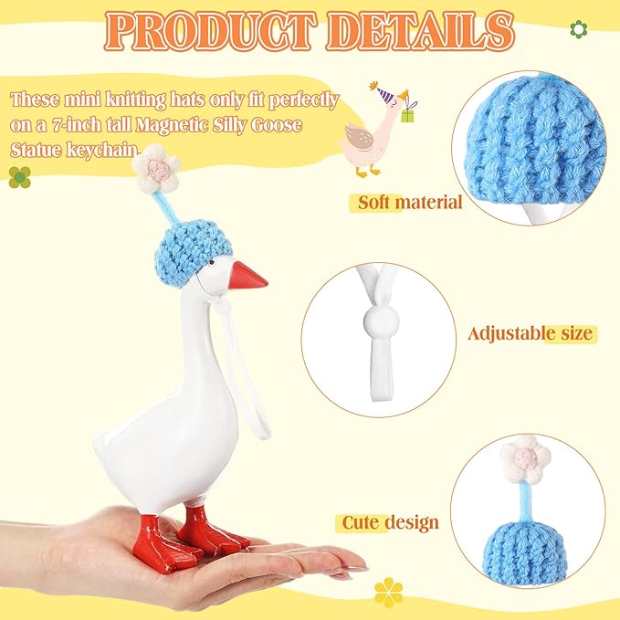 Geyoga 6 Pcs Mini Knitted Hats 7 Inch Goose Outfits Hat with Adjustable Strap Mini Porch Goose Headwear for Statue Key Holder