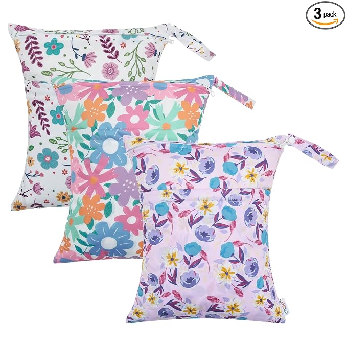 ALVA ALVABABY 3pcs Cloth Diaper Wet Dry Bags Waterproof Reusable with Two Zippered Pockets Travel Beach Pool Daycare Soiled Baby Items Yoga Gym Bag for Swimsuits or Wet Clothes 3L-ZM18A