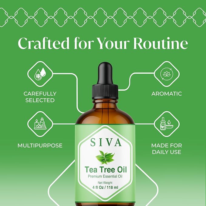 Siva Tea Tree Essential Oil 4 Fl Oz – for Diffuser, Skin & Hair Care – Ideal for Aroma, Massage & DIY Blends- with Dropper