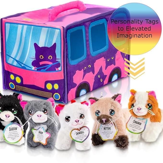 ArtCreativity 7-Piece Plush Cat Set, 6" Stuffed Animals Assortment with Carrier Bus, Cute Small Toys for Girls, Kitty Toys, Classroom, Birthday Gifts Soft Plush Kittens