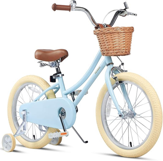Petimini Vintage Kids Bike for Girls, 12–20 Inch Classic Bicycle with Wicker Basket & Bell, High Tensile Steel Frame, Training Wheels (12–18”), 85% Pre-Assembled, Retro Bike for Outdoor Riding